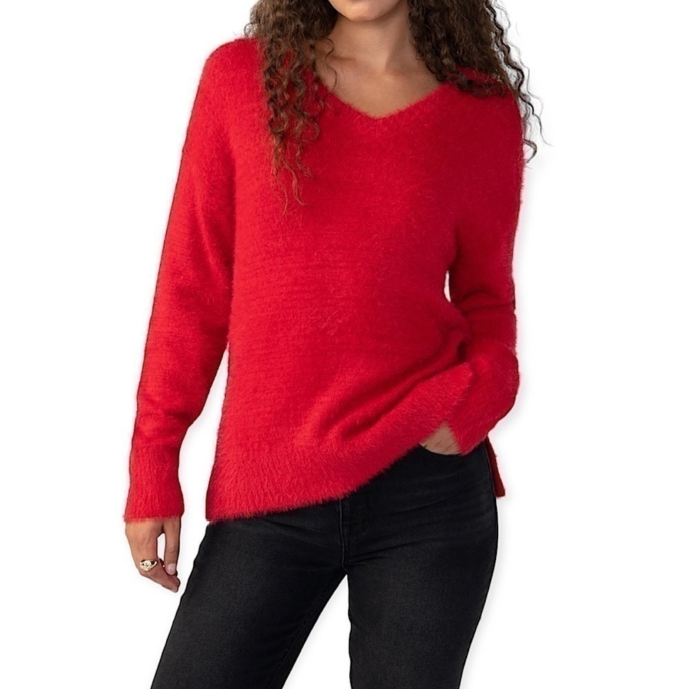 Sanctuary Women’s Fuzzy V Neck Long Sleeve Sweater in Red Size XS - Picture 1 of 11